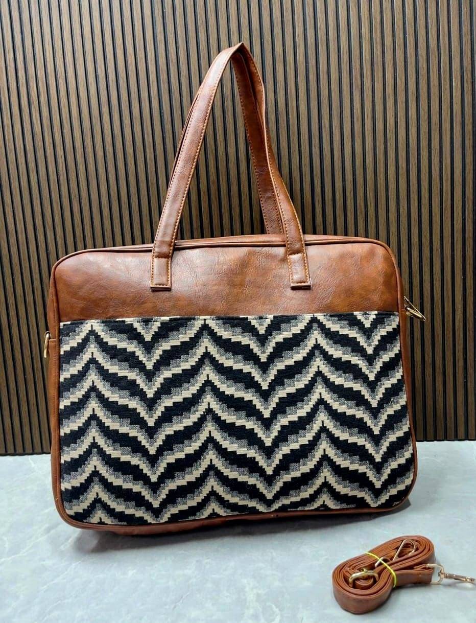 Black & White Jacquard Luxe Laptop Bag with Brown Leatherite